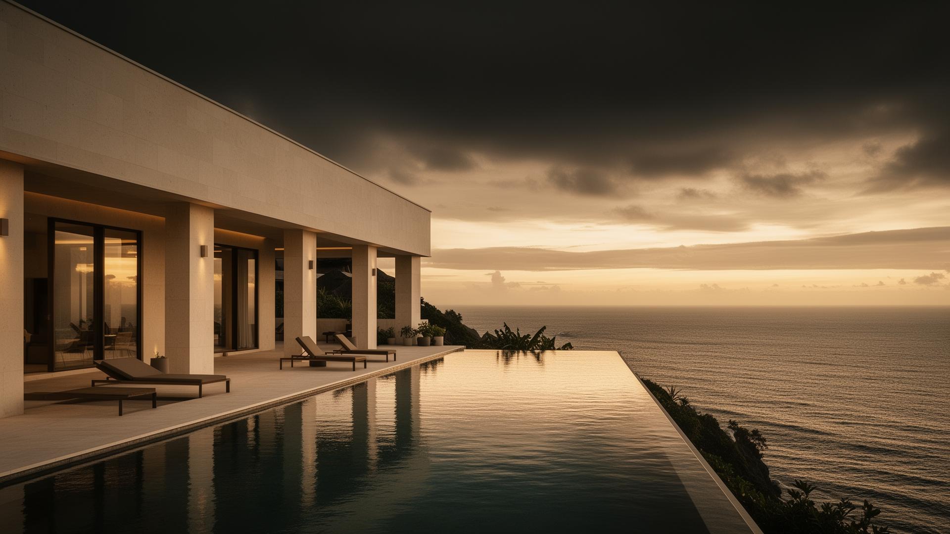 Cinematic clifftop villa at dusk overlooking the ocean